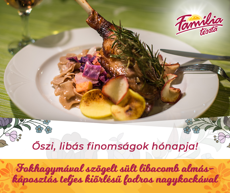 Fokhagymával szögelt sült libacomb almás-káposztás teljes kiőrlésű fodros nagykockával